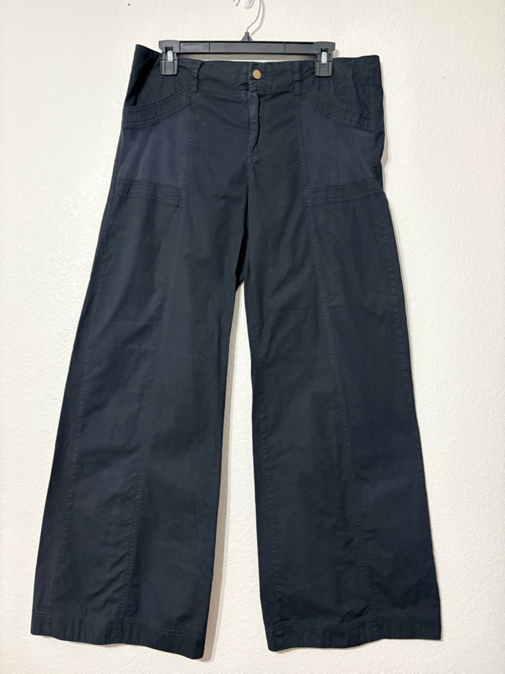 Contrast Black Cotton Lightweight Wide Leg Pants Mid-rise, Stretch, Mesh Pockets